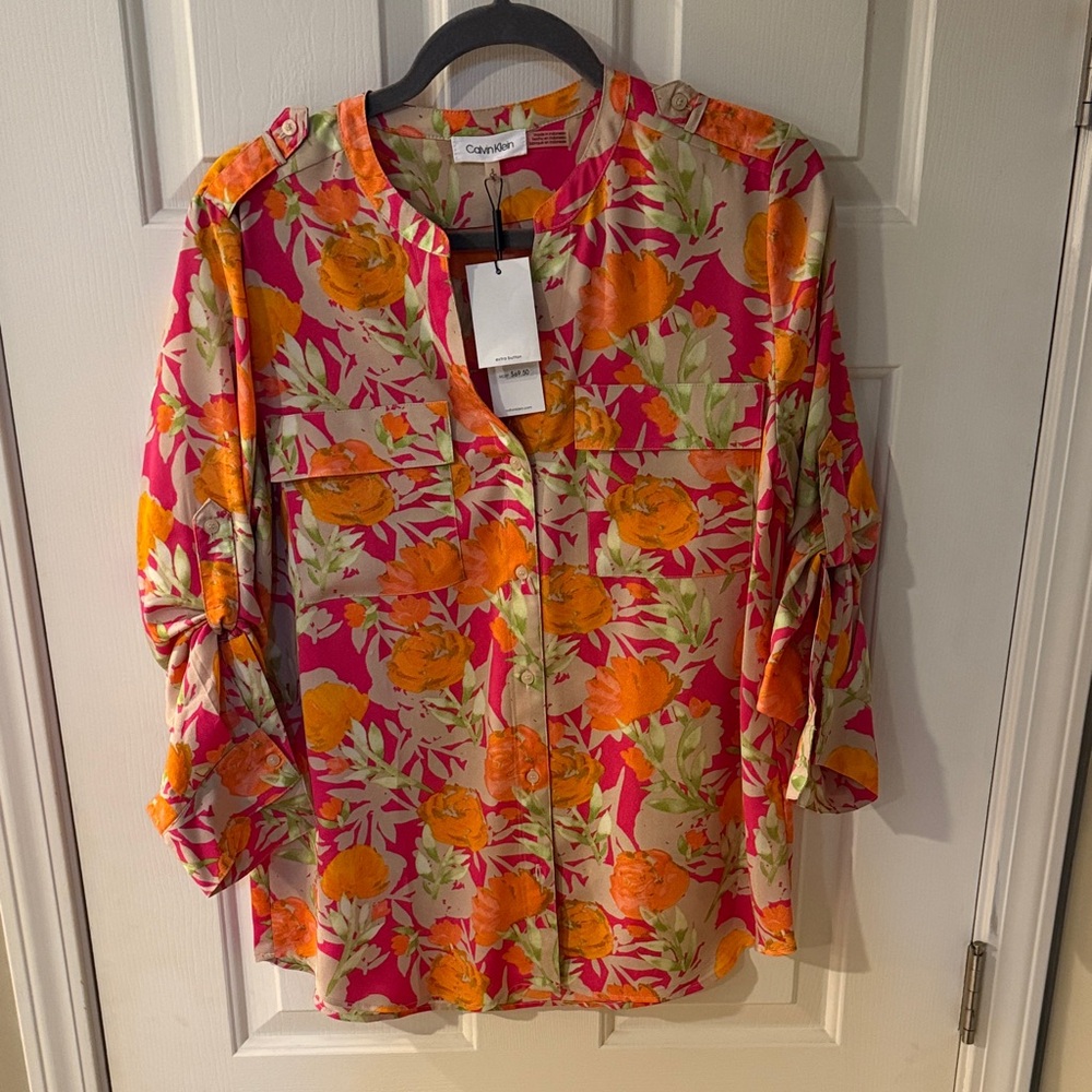 NWT Calvin Klein Pink Orange Floral Blouse – Roll Sleeve Button Front Top Size S